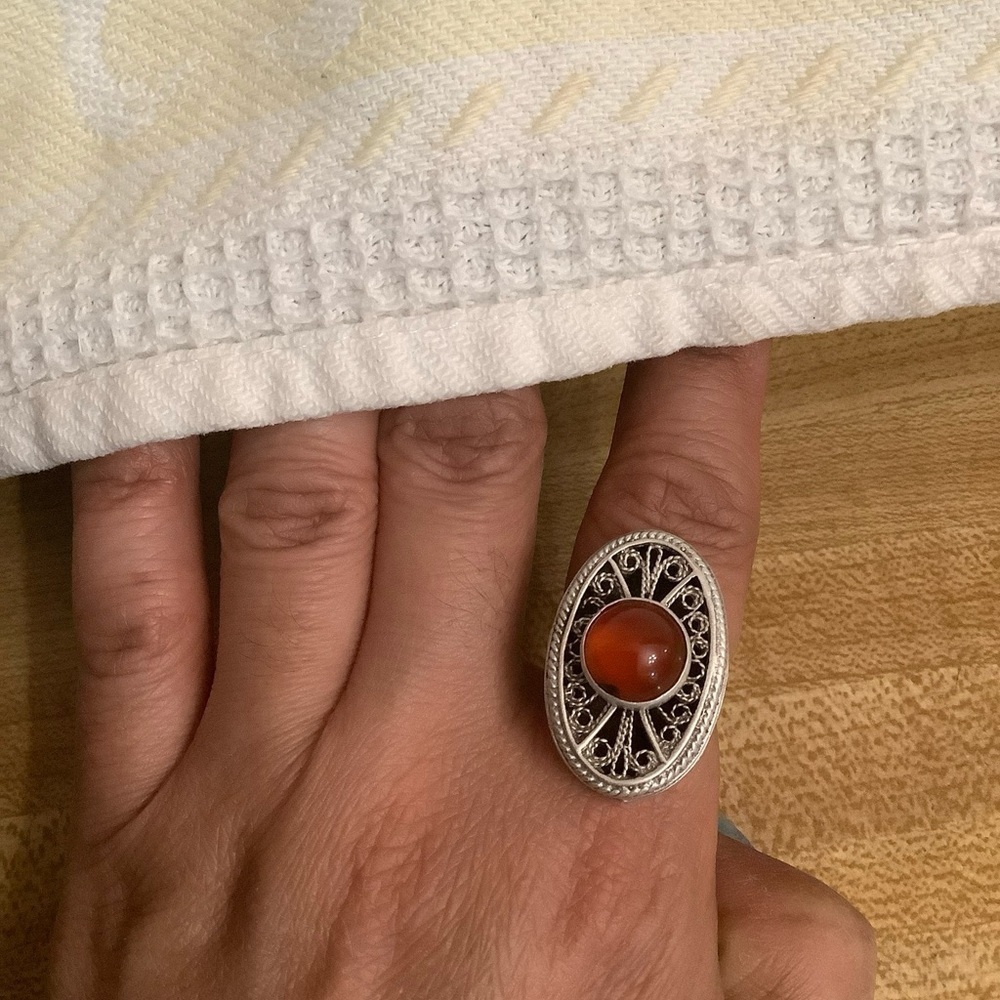 Reuven Signed Sterling Silver Amber Color Stone Israel Ring Size 6.5 Adjustable  - Picture 7 of 10